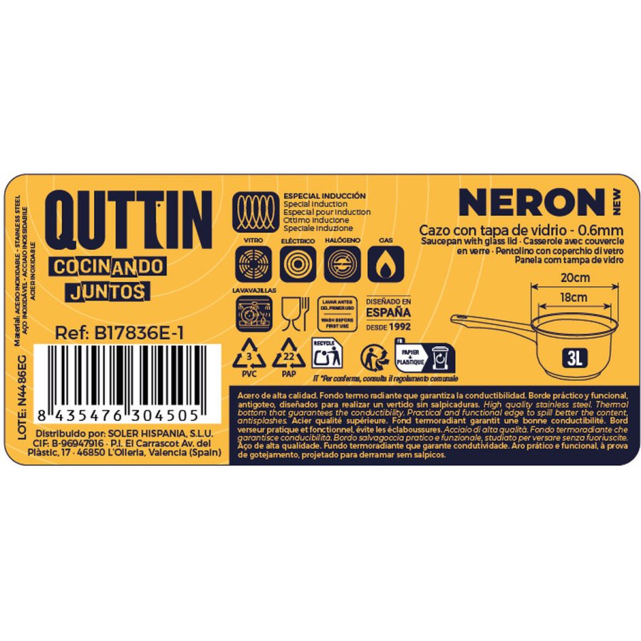 Kasserolle med l�g Quttin New neron St�l � 18 cm 3 L 35 x 19,5 x 10,5 cm (4 enheder) #3