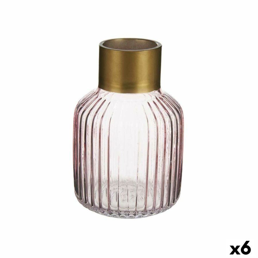 Vase Gift Decor V1218IP-C V1218IP-C Pink Gylden Glas Striber 12 x 18 x 12 cm (6 enheder) #1