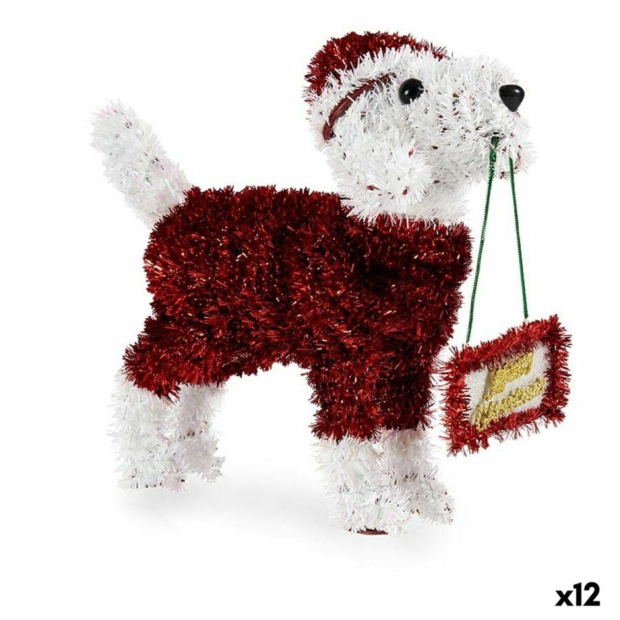 Dekorativ figur Hund Lametta Hvid Rd polypropylen PET 9 x 23 x 29,5 cm (12 enheder) #1