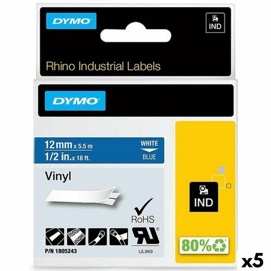 Lamineret tape til mrkningsmaskiner Rhino Dymo ID1-12 Bl Hvid 12 x 5,5 mm Auto bindemidler Lim (5 enheder) #1