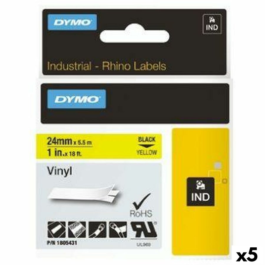 Lamineret tape til mrkningsmaskiner Rhino Dymo ID1-24 24 x 5,5 mm Sort Gul Lim Auto bindemidler (5 enheder) #1