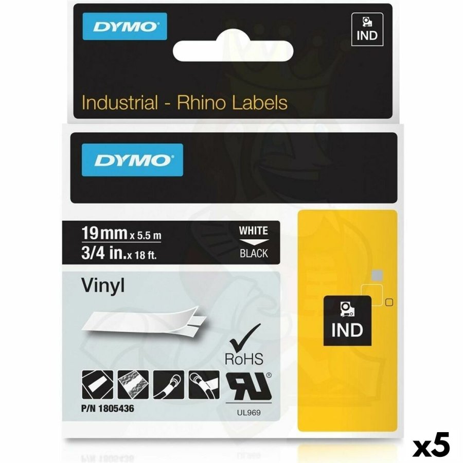Lamineret tape til mrkningsmaskiner Rhino Dymo ID1-19 19 x 5,5 mm Sort Polyester Hvid Auto bindemidler (5 enheder) #1
