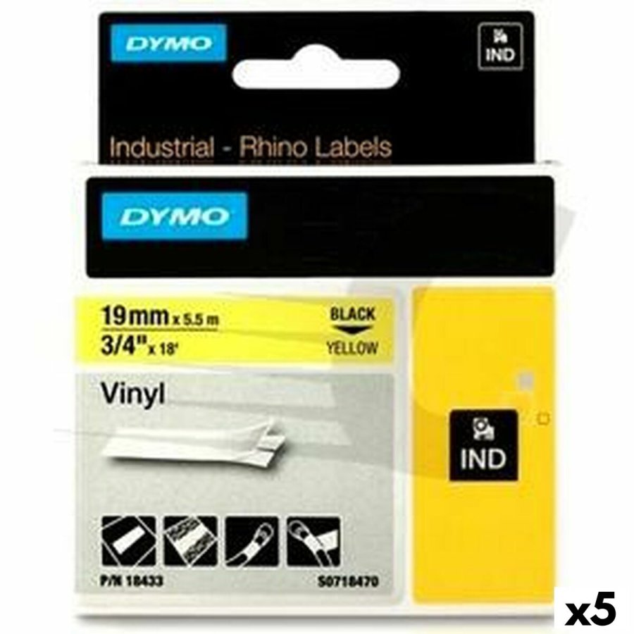 Lamineret tape til mrkningsmaskiner Rhino Dymo ID1-19 19 x 3,5 mm Sort Gul Auto bindemidler (5 enheder) #1