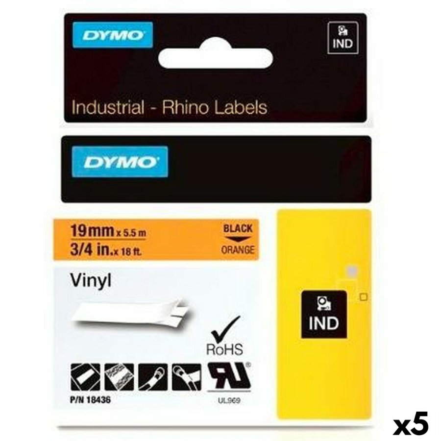 Lamineret tape til mrkningsmaskiner Rhino Dymo ID1-19 Sort Orange 19 x 5,5 mm Auto bindemidler Lim (5 enheder) #1