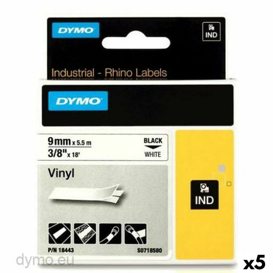 Lamineret tape til mrkningsmaskiner Rhino Dymo ID1-9 Hvid Sort 9 x 5,5 mm Lim (5 enheder) #1