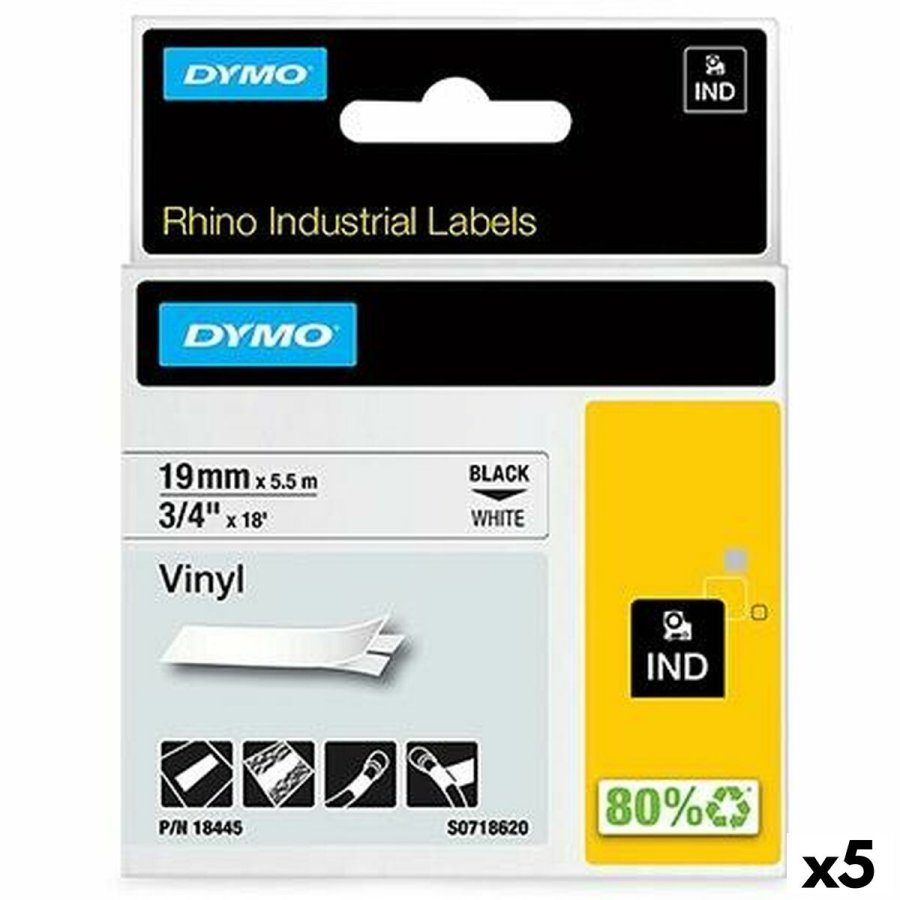 Lamineret tape til mrkningsmaskiner Rhino Dymo ID1-19 19 x 5,5 mm Sort Hvid Lim Auto bindemidler (5 enheder) #1