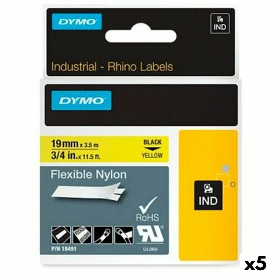 Lamineret tape til mrkningsmaskiner Rhino Dymo ID1-19 19 x 3,5 mm Sort Gul Auto bindemidler (5 enheder) #1