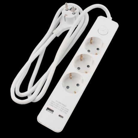 3 Stikdse m/1,5m ledn. m/afbr + USB-A/USB-C hvid #1