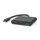 USB Multi-Port Adapter | 3-in-1 | USB 3.2 Gen 1 | USB-C Han | HDMI  -udgang / USB-A Hun / USB-C Hun | 5 Gbps | 0.10 m | Runde | Nikkelplateret | PVC | Sort | Box #1