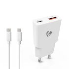 V�goplader | 20 W | GaN | PD3.0 | Hurtigopladningsfunktion | 1.5 / 2.0 / 2.22 A / 3.0 A | Antal output: 2 | USB-A / USB-C | USB-C (L�s) kabel | 1.50 m | Automatisk Valgt Sp�nding | Hvid #1