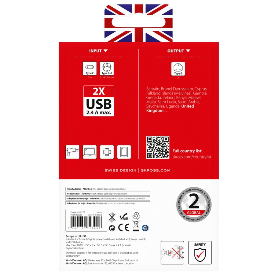 Reseadapter Europa till UK m.fl. 2xUSB-A 12W Jordad #7