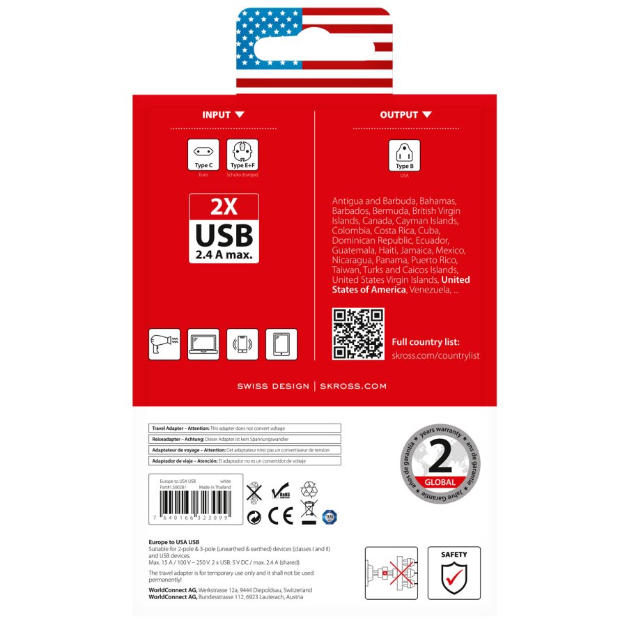 Reseadapter Europa till USA m.fl.2xUSB-A 12W Jordad #7